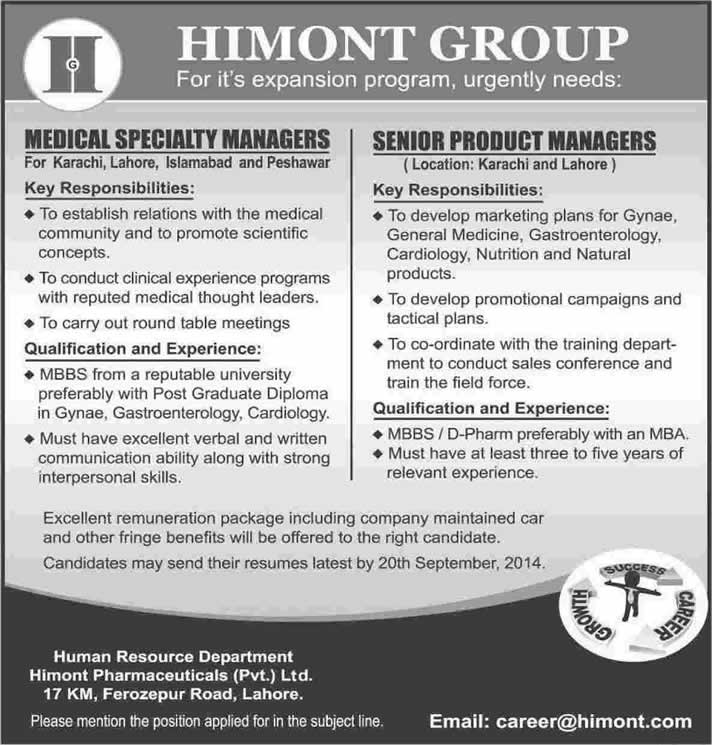 Himont Pharma Pakistan Jobs 2014 September for Medical Specialty & Product Managers