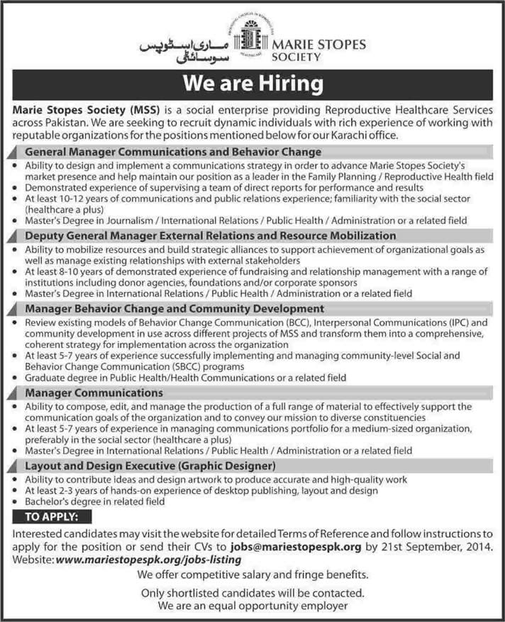 Marie Stopes Society Pakistan Jobs 2014 September MSS Latest