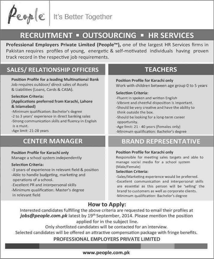 Teachers, Center Manager, Sales and Marketing Jobs in Karachi / Lahore / Islamabad 2014 September