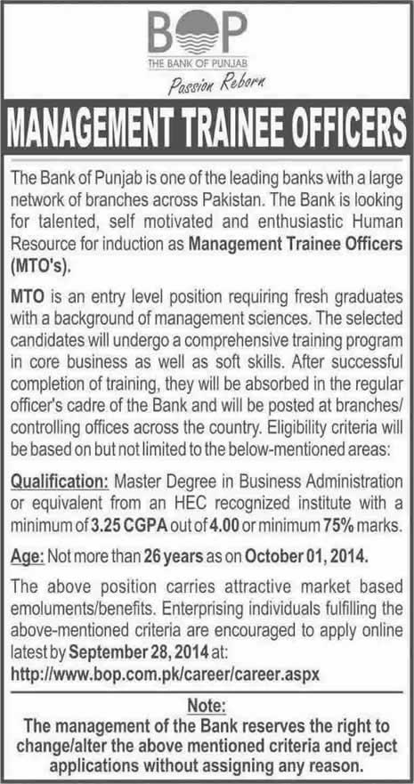 Bank of Punjab MTO Jobs 2014 September Latest Management Trainee Officers