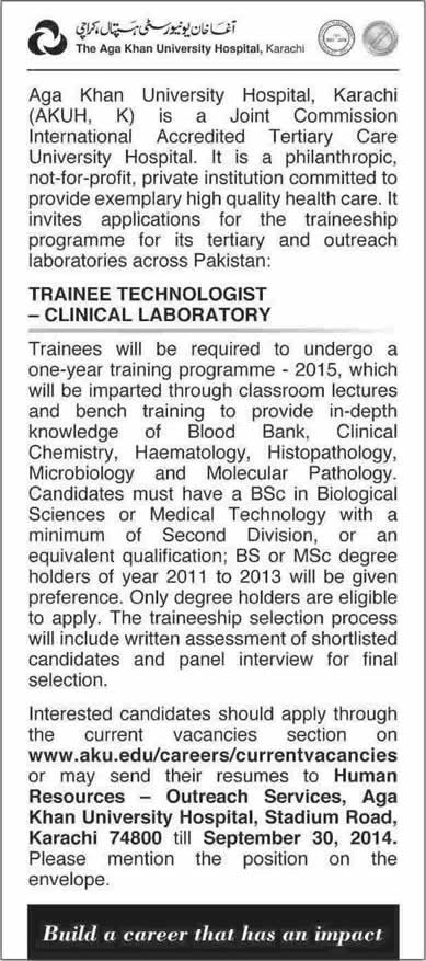 Aga Khan University Hospital Karachi Training Program 2014 September for Trainee Technologist