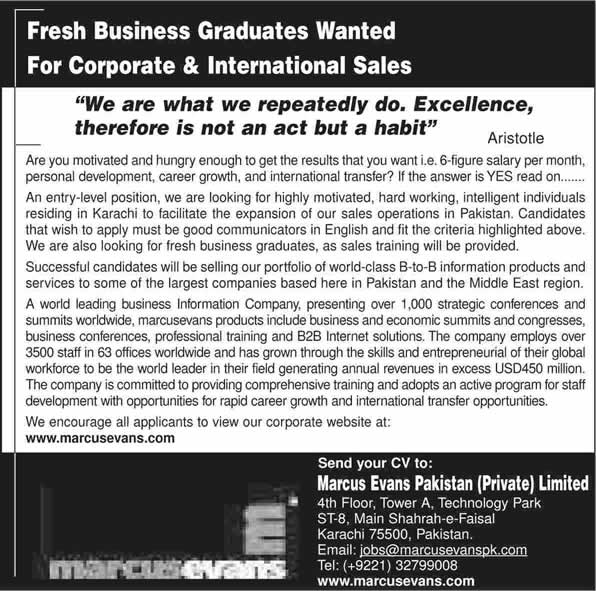 Marcus Evans Pakistan Jobs 2014 September for Fresh Graduates in Karachi as Sales Trainees