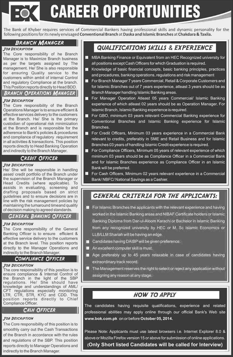 Bank of Khyber Jobs 2014 September / October Apply Online at Chakdara, Daska & Taxila