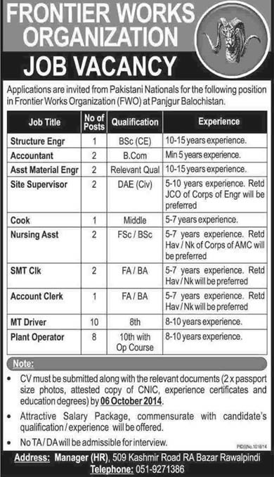 Frontier Works Organization Jobs in Panjgur Balochistan 2014 September / October Latest