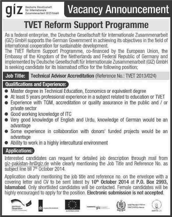 Technical Advisor Accreditation Job at GIZ Pakistan 2014 September Islamabad