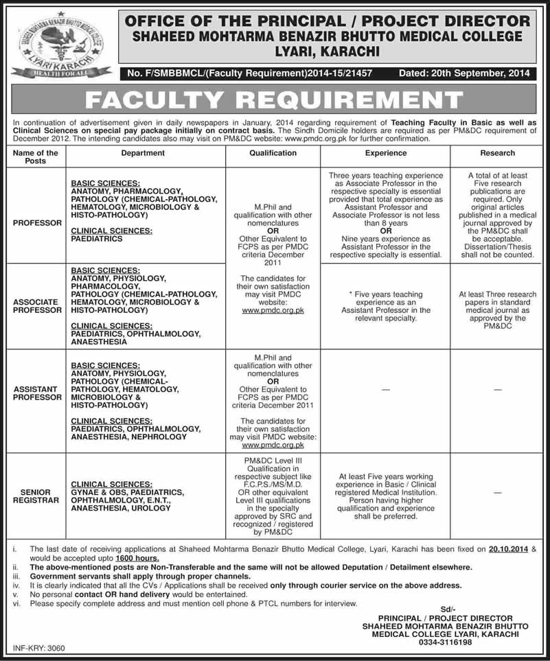 Shaheed Mohtarma Benazir Bhutto Medical College Karachi Jobs 2014 October Medical Faculty SMBBMC