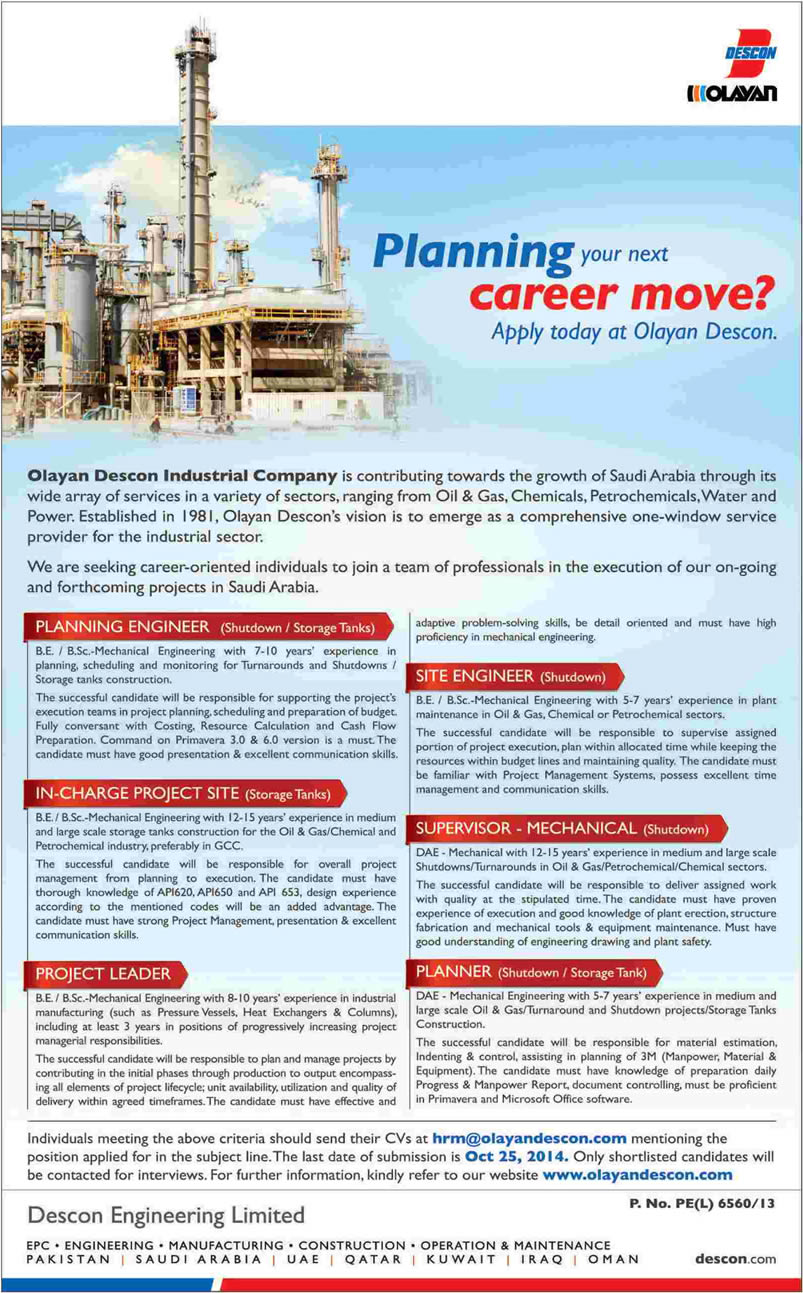 Olayan Descon Jobs 2014 October Saudi Arabia for Mechanical Engineers