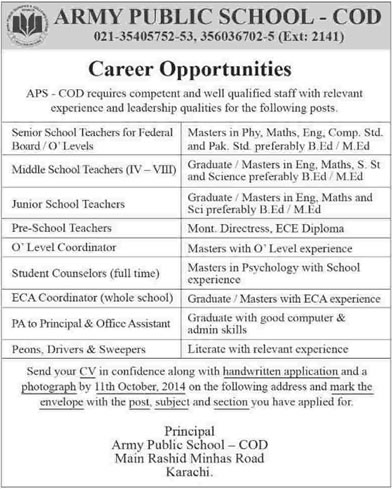 Army Public School COD Karachi Jobs 2014 October Latest Teaching & Non-Teaching Staff