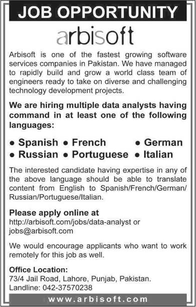 Translator Jobs in Pakistan 2014 October English / Spanish / French / German / Russian / Portuguese / Italian Data Analysts at Arbisoft Lahore