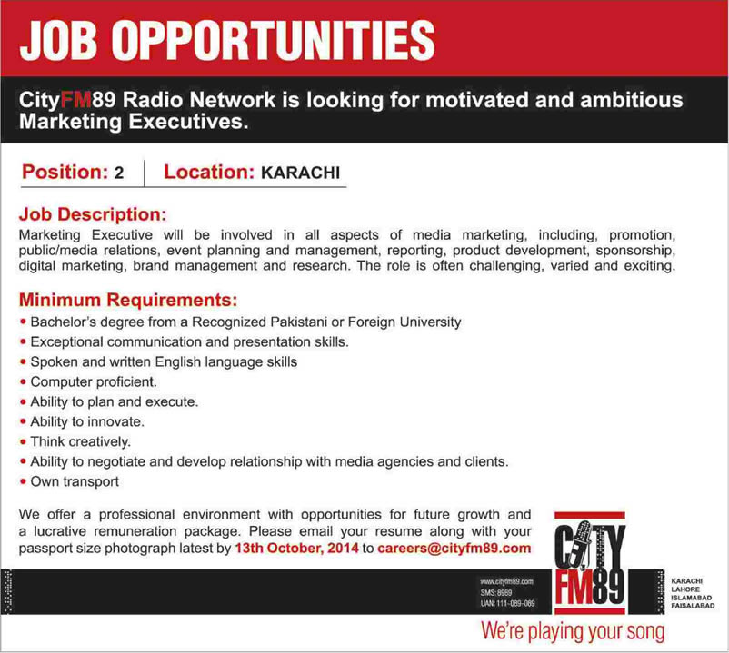 Marketing Jobs in Karachi 2014 October Latest Marketing Executives at FM 89 Radio