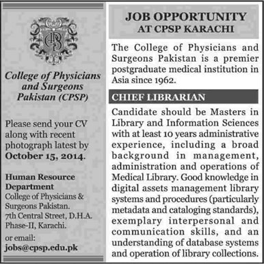 Librarian Jobs in Karachi 2014 October Pakistan MLIS Chief Librarian at CPSP