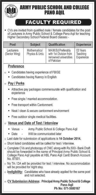 Army Public School & College Pano Aqil Jobs 2014 October Lecturers Mathematics, Physics & Urdu