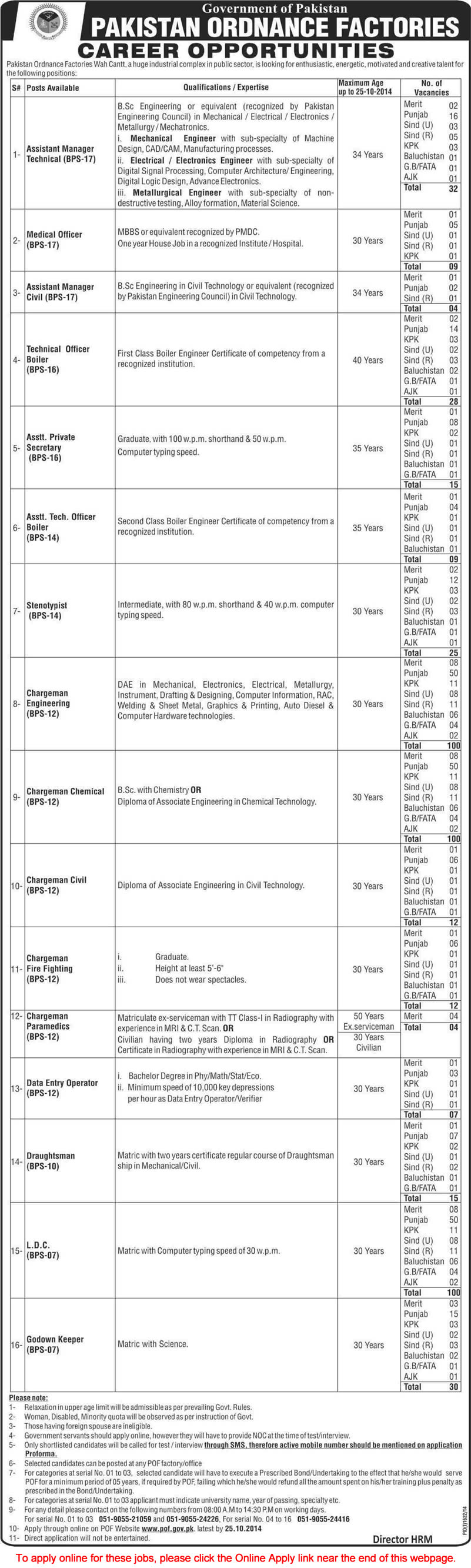 Pakistan Ordnance Factories Wah Cantt Jobs 2014 October Application Form Download