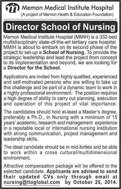 Director School of Nursing Jobs in Karachi 2014 October Pakistan at Memon Medical Institute Hospital (MMIH)