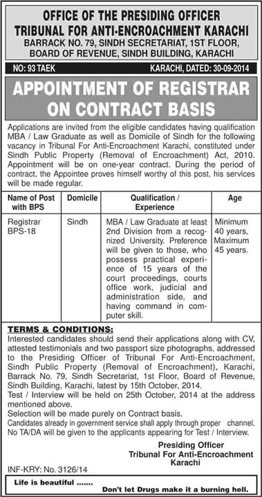 Tribunal for Anti-Encroachment Karachi Jobs 2014 October for Registrar Latest