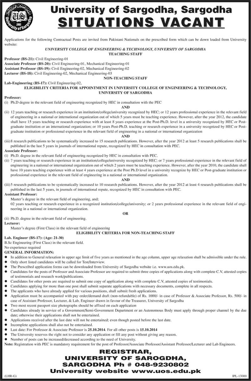 Civil & Mechanical Engineering Teaching Faculty Jobs in Pakistan 2014 October at University of Sargodha