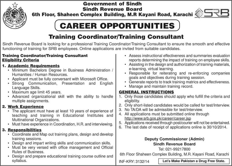 Training Coordinator / Consultant Jobs in Karachi 2014 October in Sindh Revenue Board