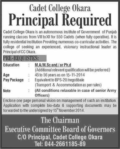 Principal Job at Cadet College Okara 2014 October