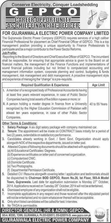 Chief Finance Officer Jobs in GEPCO Gujranwala 2014 October Latest