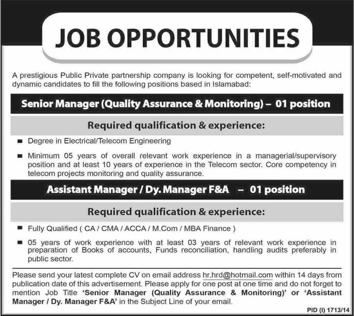 Senior Electrical / Telecom Engineer & Manager Finance Jobs in Islamabad 2014 October in PPP Company