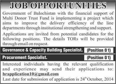 Governance & Capacity Building and Procurement Specialist Jobs in Balochistan 2014 October Government