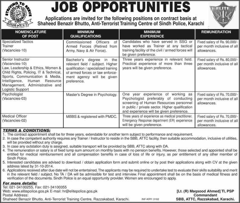 Sindh Police Jobs October 2014 Psychologists, Medical Officers, Tactics Trainers & Senior Instructors