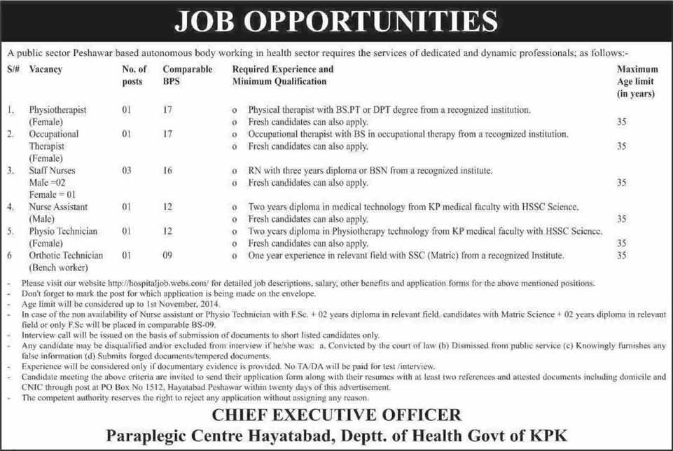 Paraplegic Center Hayatabad Peshawar Jobs 2014 October for Medical & Paramedical Staff