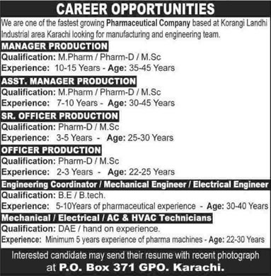 PO Box 371 GPO Karachi Jobs 2014 October Pharmacists, Engineers & Technicians