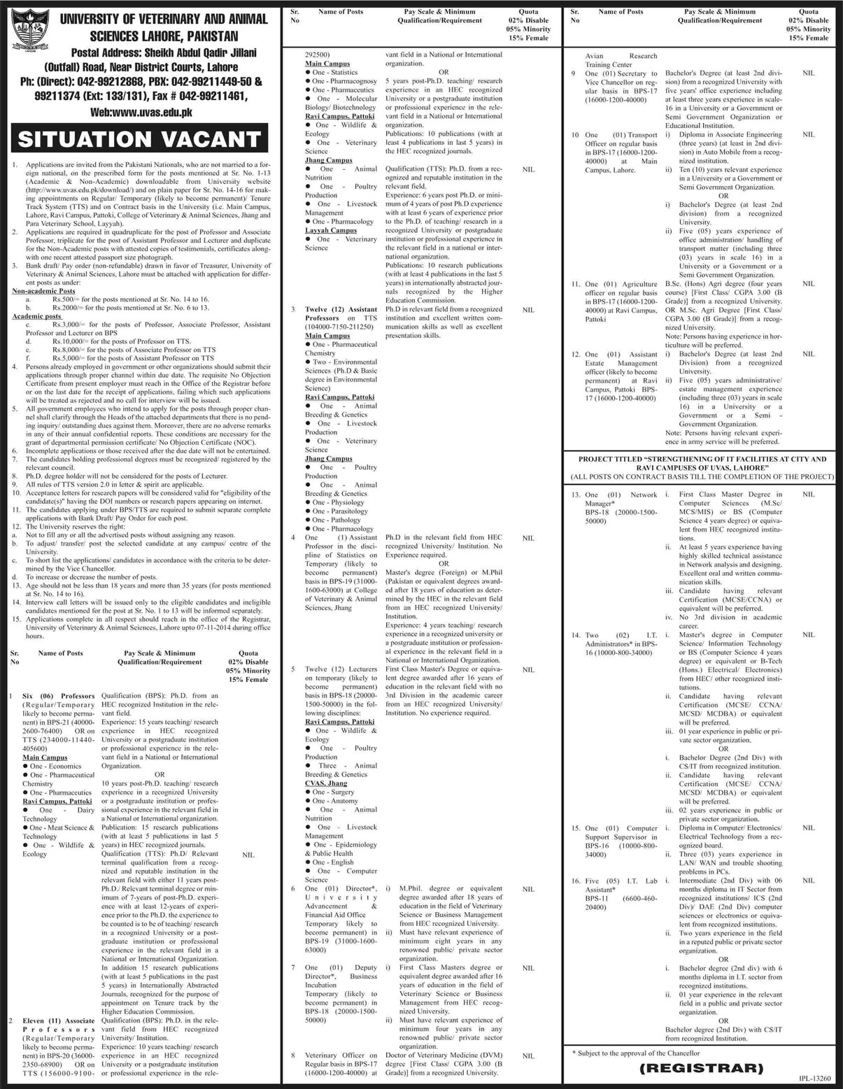 University of Veterinary & Animal Science Jobs 2014 October UVAS Teaching Faculty & Admin Staff