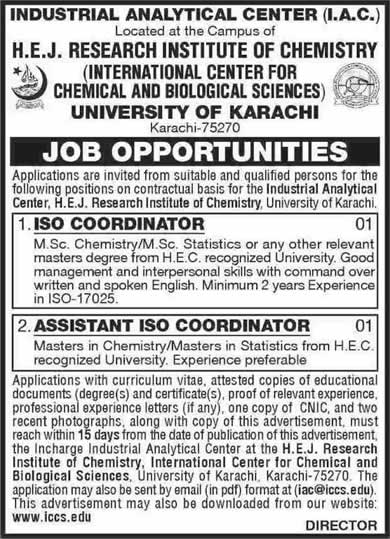 Industrial Analytical Center (IAC) University of Karachi Jobs 2014 October for ISO Coordinators