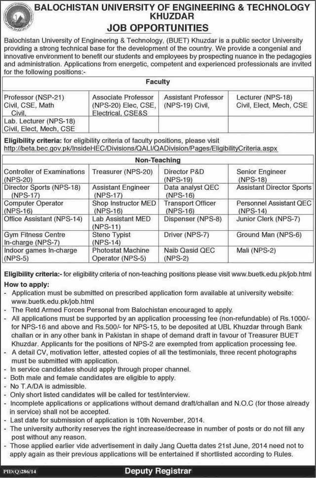 BUET Khuzdar Jobs 2014 October for Teaching Faculty & Admin Staff