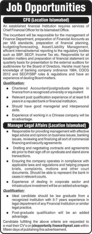 Chartered Accountant & Manager Legal Affairs Jobs in Islamabad 2014 October
