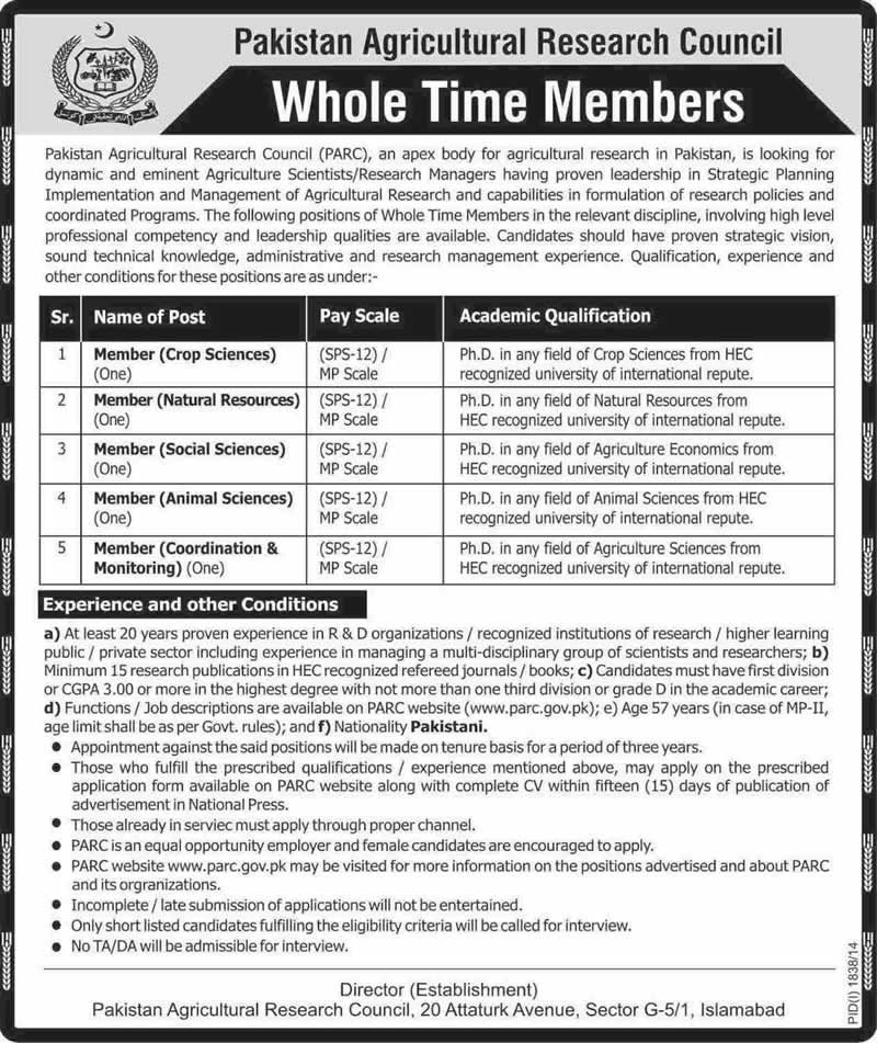 Pakistan Agriculture Research Council Jobs 2014 October for Members PARC