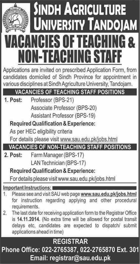 Sindh Agriculture University Tandojam Jobs 2014 October for Teaching & Admin Staff