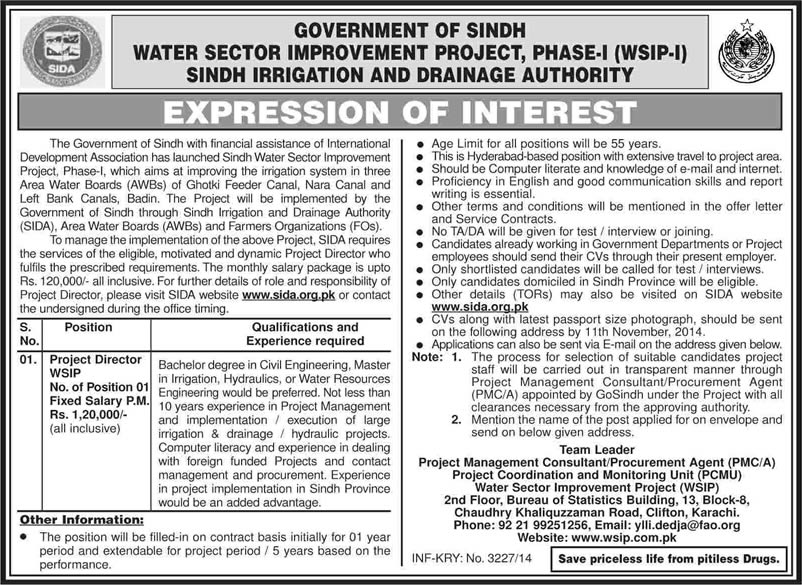 Project Director Jobs in Water Sector Improvement Project (WSIP) 2014 Sindh Irrigation & Drainage Authority