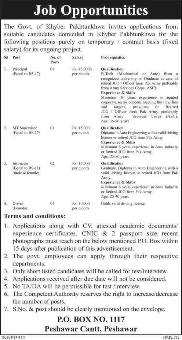 PO Box 1117 Peshawar KPK Jobs 2014 October Principal, MT Supervisor, Instructors & Driver