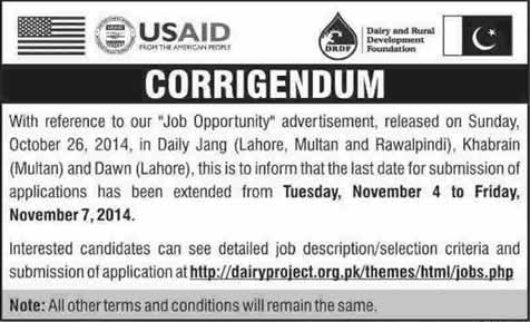 Corrigendum: Dairy and Rural Development Foundation Jobs 2014 November USAID DRDF