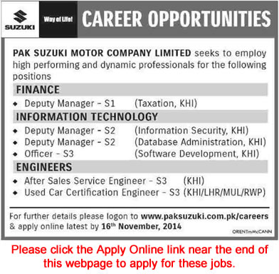 Pak Suzuki Motors Jobs 2014 November Apply Online Latest