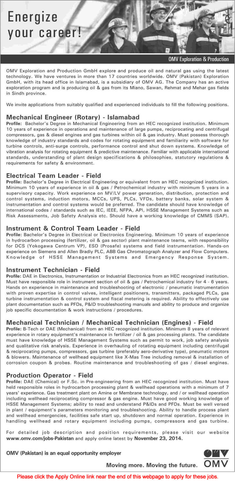 OMV Exploration & Production Pakistan Jobs 2014 November Apply Online Latest