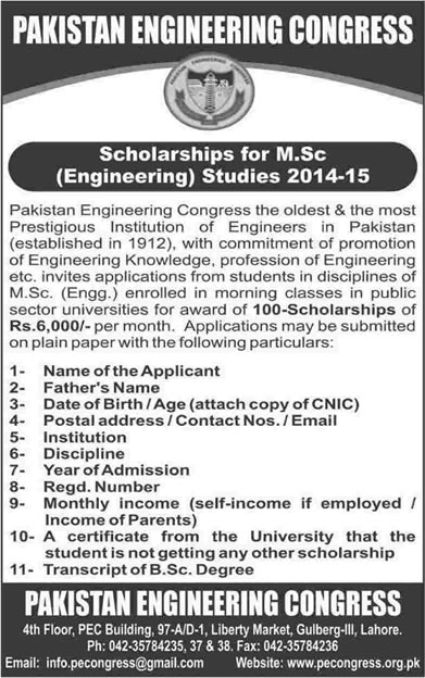 Pakistan Engineering Congress Scholarships 2014 - 2015 for M.Sc. Engineering Studies