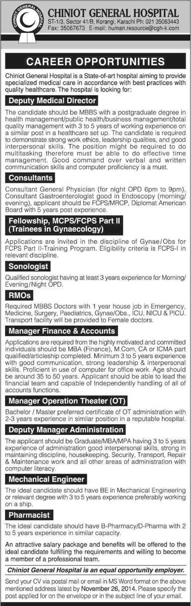 Jobs in Chiniot General Hospital Karachi 2014 November Medical & Admin Staff
