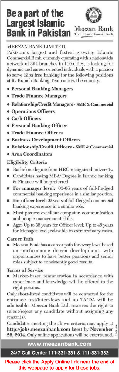 Meezan Bank Jobs 2014 November Apply Online Latest Advertisement