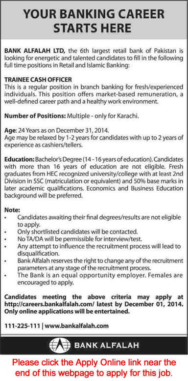 Bank Alfalah Jobs Karachi 2014 November Trainee Cash Officer Apply Online