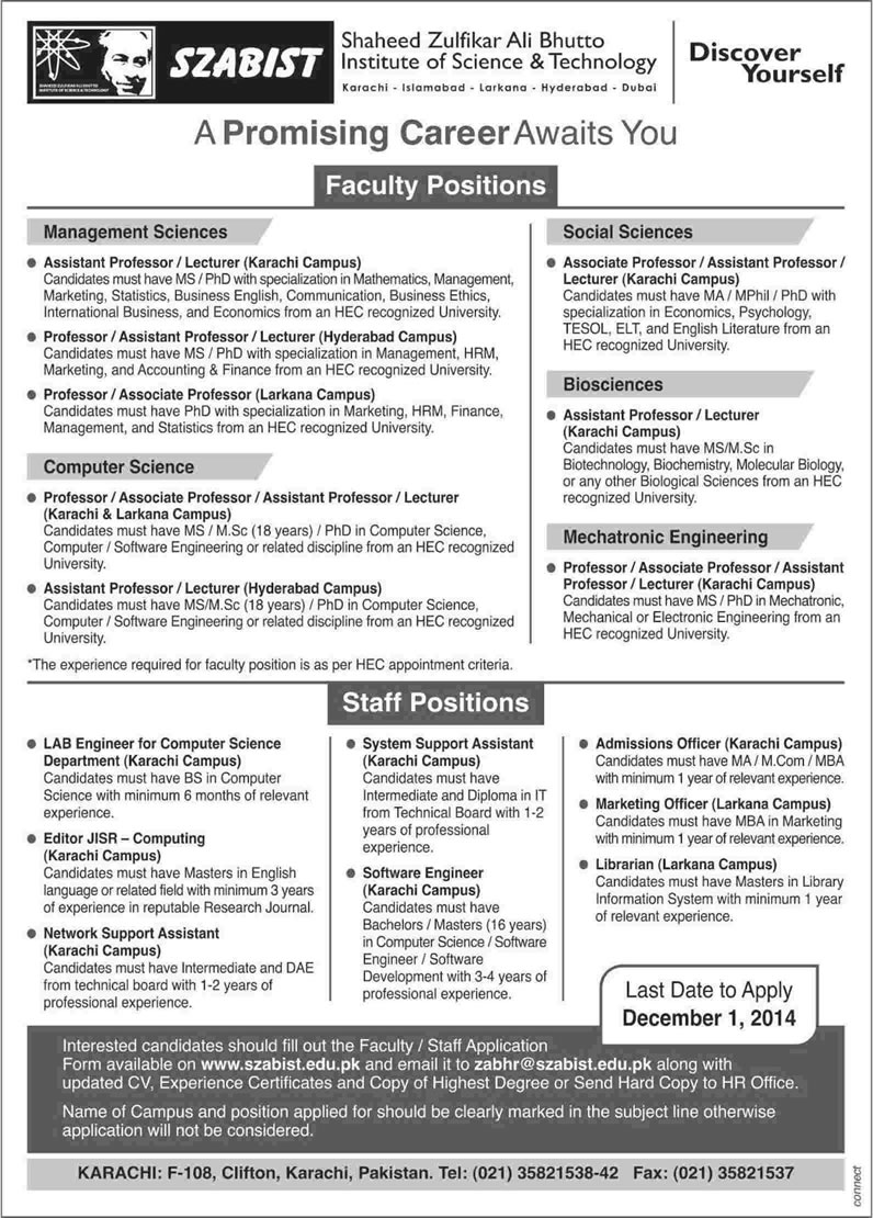 SZABIST Jobs November 2014 Teaching Faculty & Admin Staff Application Form