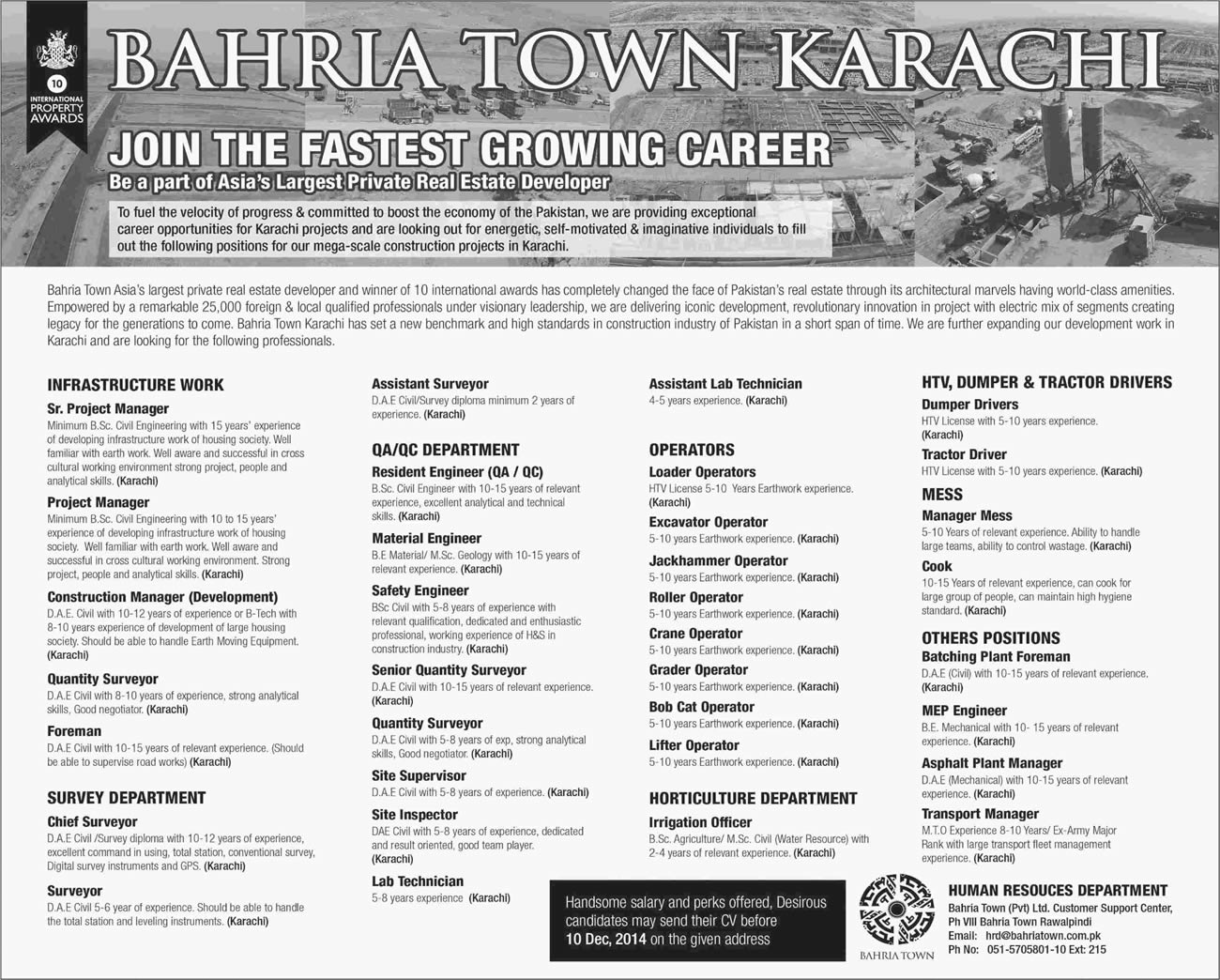Bahria Town Karachi Jobs 2014 November / December Latest / New