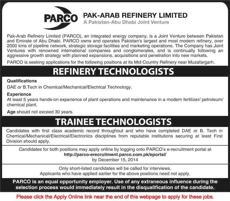 PARCO Jobs 2014 November / December Online Apply Refinery / Trainee Technologist