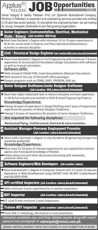 Velosi Integrity & Safety Pakistan (Pvt.) Ltd Jobs 2014 November / December Latest