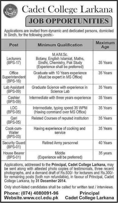 Cadet College Larkana Jobs 2014 December Sindh Lecturers & Admin Staff