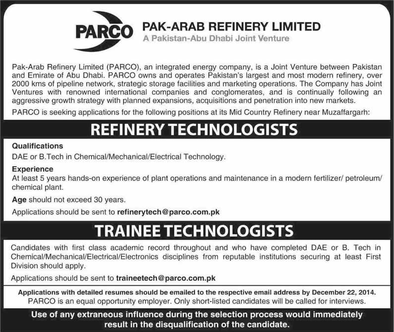 Refinery / Trainee Technologist Jobs in PARCO 2014 December Pak-Arab Refinery Limited