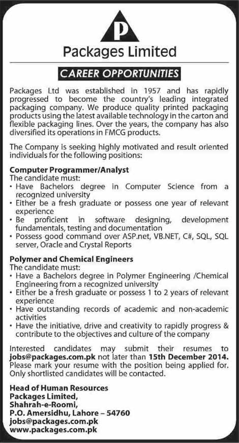 Package Limited Lahore Jobs 2014 December Computer Programmer & Chemical Engineer